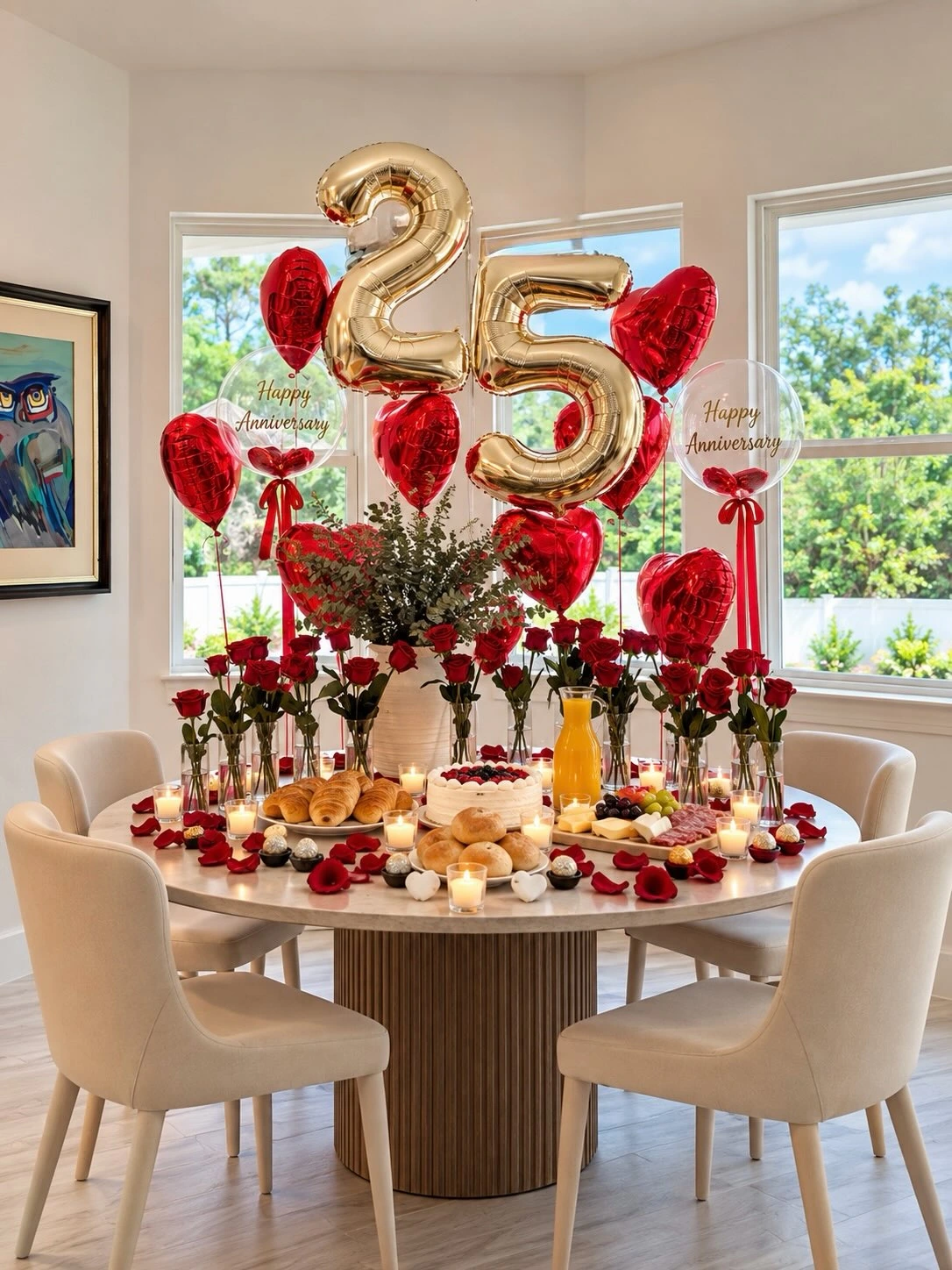 Gold anniversary numbers and red heart balloons framing a rose-filled breakfast table.